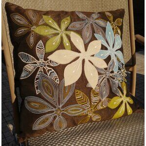 Pier 1 “Carafe” Brown Faux Silk Blue White Embroidered Decorative Pillow 18 x 18